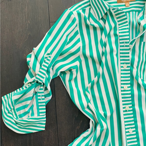Ellen Tracy Striped White and Green Oversized Button Down Shirt - Picture 6 of 11
